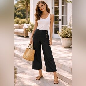 Talbots 100% Linen Black Side Button Detail Wide Leg Flowy Dress Pants Lagenlook
